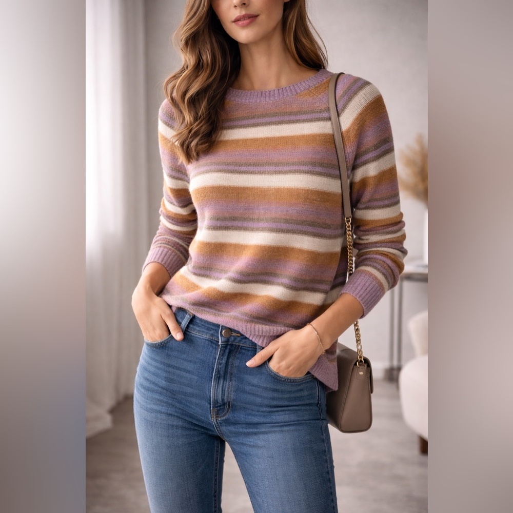 Caslon Striped Knit Sweater – XS – Soft Multicolor Crewneck